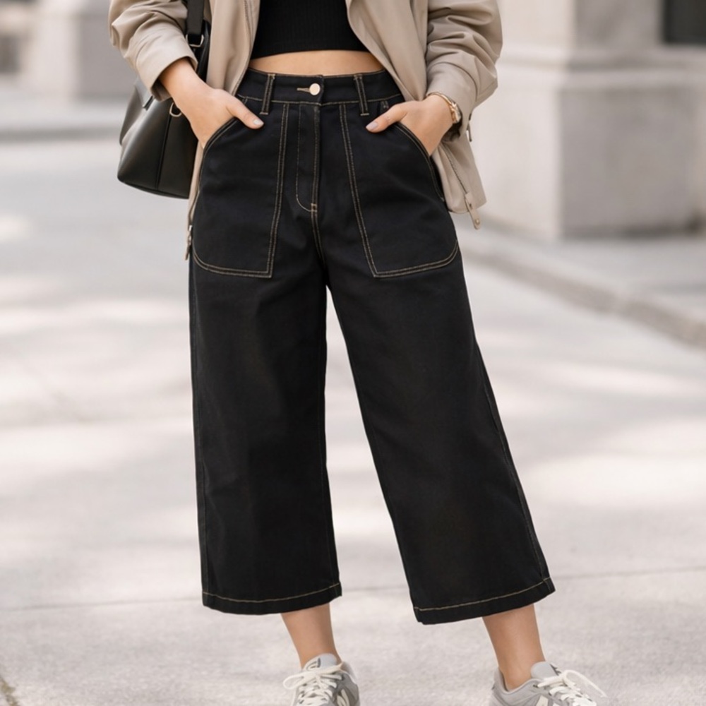 Hudson North Cropped High Waisted Pants Size 8 Black Contrast Stitch Utility